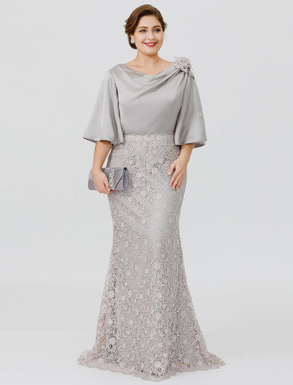 Aimishang Mermaid / Trumpet Mother of the Bride Dress Plus Size Sexy Cowl Neck Sweep / Brush Train Satin Chiffon Lace Over Satin Half Sleeve No with Appliques