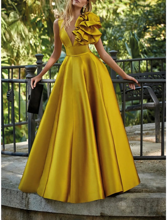 A-Line Evening Gown Party Dress Formal Wedding Guest Floor Length Sleeveless V Neck Satin with Shouder Flower 2025