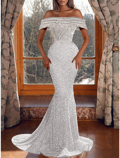Aimishang Mermaid Party Dress Evening Gown Sparkle & Shine Dress Prom Birthday Asymmetrical Short Sleeve Off Shoulder Sequined with Sequin