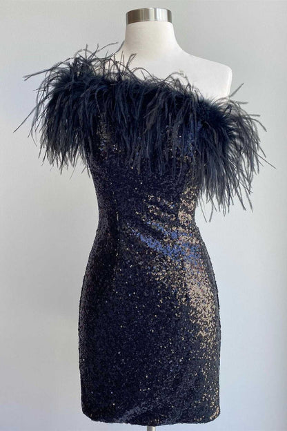 Pink Sequin Feather One-Shoulder Mini Dress