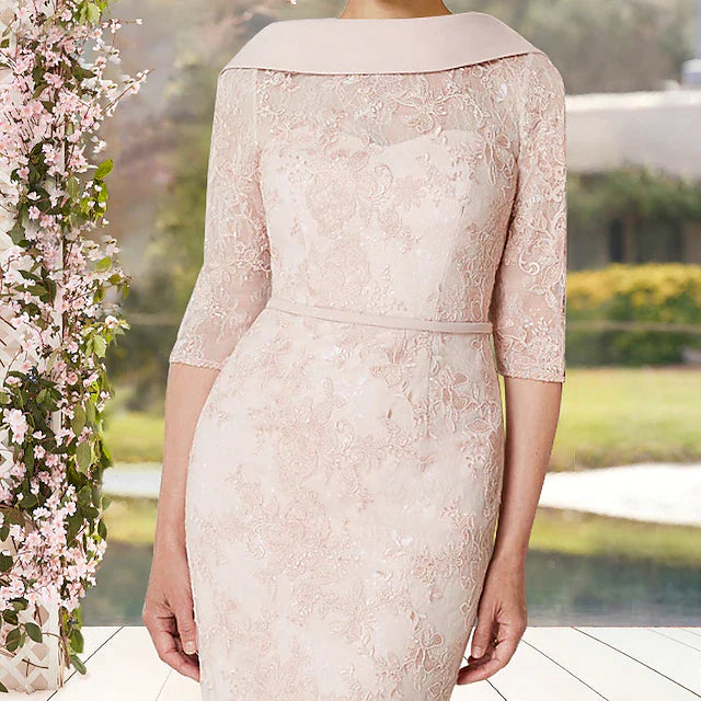 Sheath / Column Mother of the Bride Dress Elegant Jewel Neck Knee Length Lace Half Sleeve with Sash / Ribbon Appliques