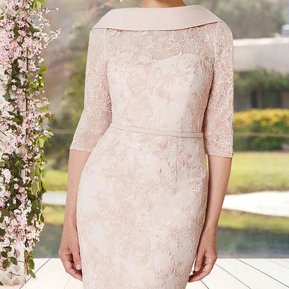 Sheath / Column Mother of the Bride Dress Elegant Jewel Neck Knee Length Lace Half Sleeve with Sash / Ribbon Appliques