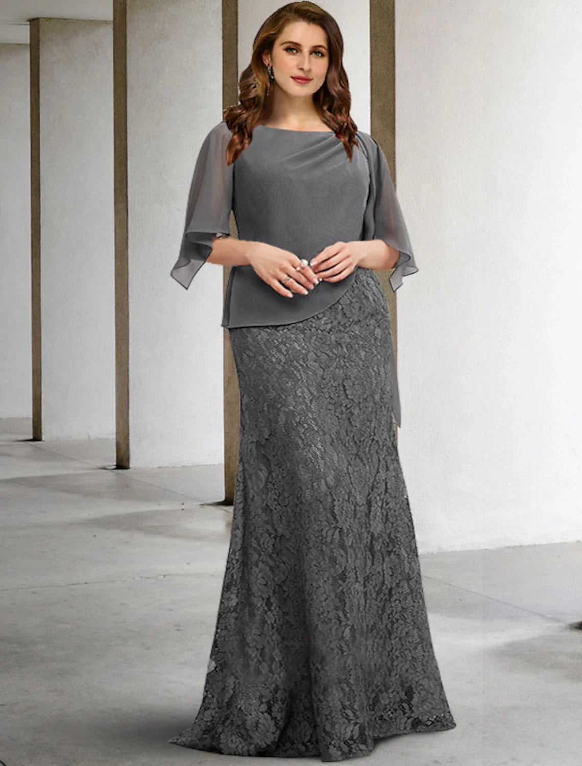 Aimishang  Sheath / Column Mother of the Bride Dresses Plus Size Hide Belly Curve Elegant Dress Formal Floor Length Half Sleeve Jewel Neck Chiffon with Splicing