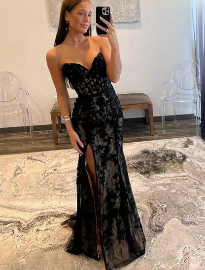 Aimishang A-Line Mermaid / Trumpet Evening Gown Open Back Dress Graduation Prom Sweep / Brush Train Sleeveless Sweetheart Wednesday Addams Family Lace Backless with Glitter Slit Appliques