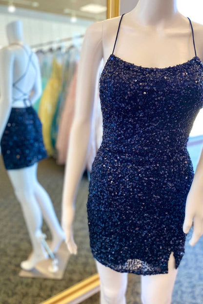 Indigo Sequin Scoop Neck Lace-Up Short Dress