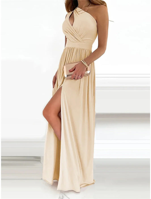 Women's Long Dress Maxi Dress Party Dress Homecoming Dress Swing Dress Pure Color Fashion Streetwear Outdoor Date Vacation Ruched Split Sleeveless One Shoulder Dress Regular Fit Black Red Green