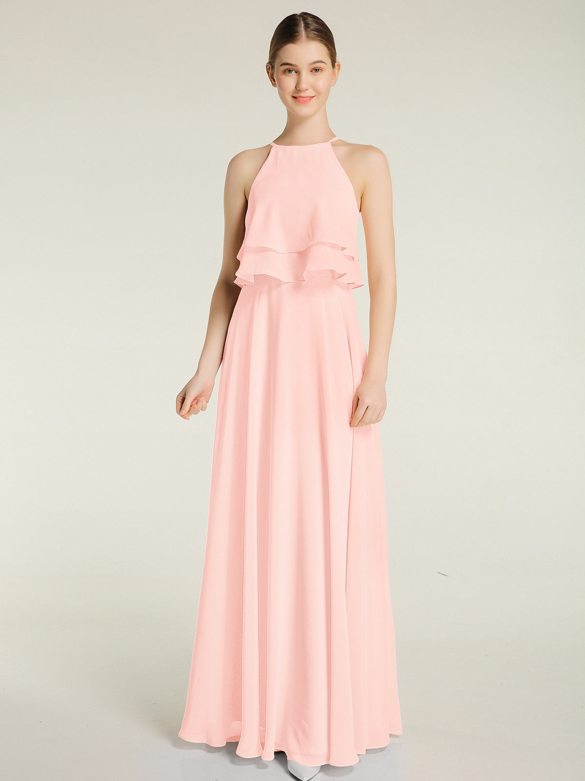 Two Layers Ruffles Bodice Chiffon Dresses Pearl Pink