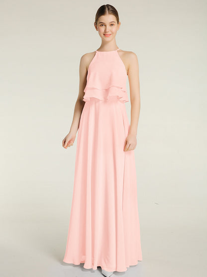 Two Layers Ruffles Bodice Chiffon Dresses Pearl Pink