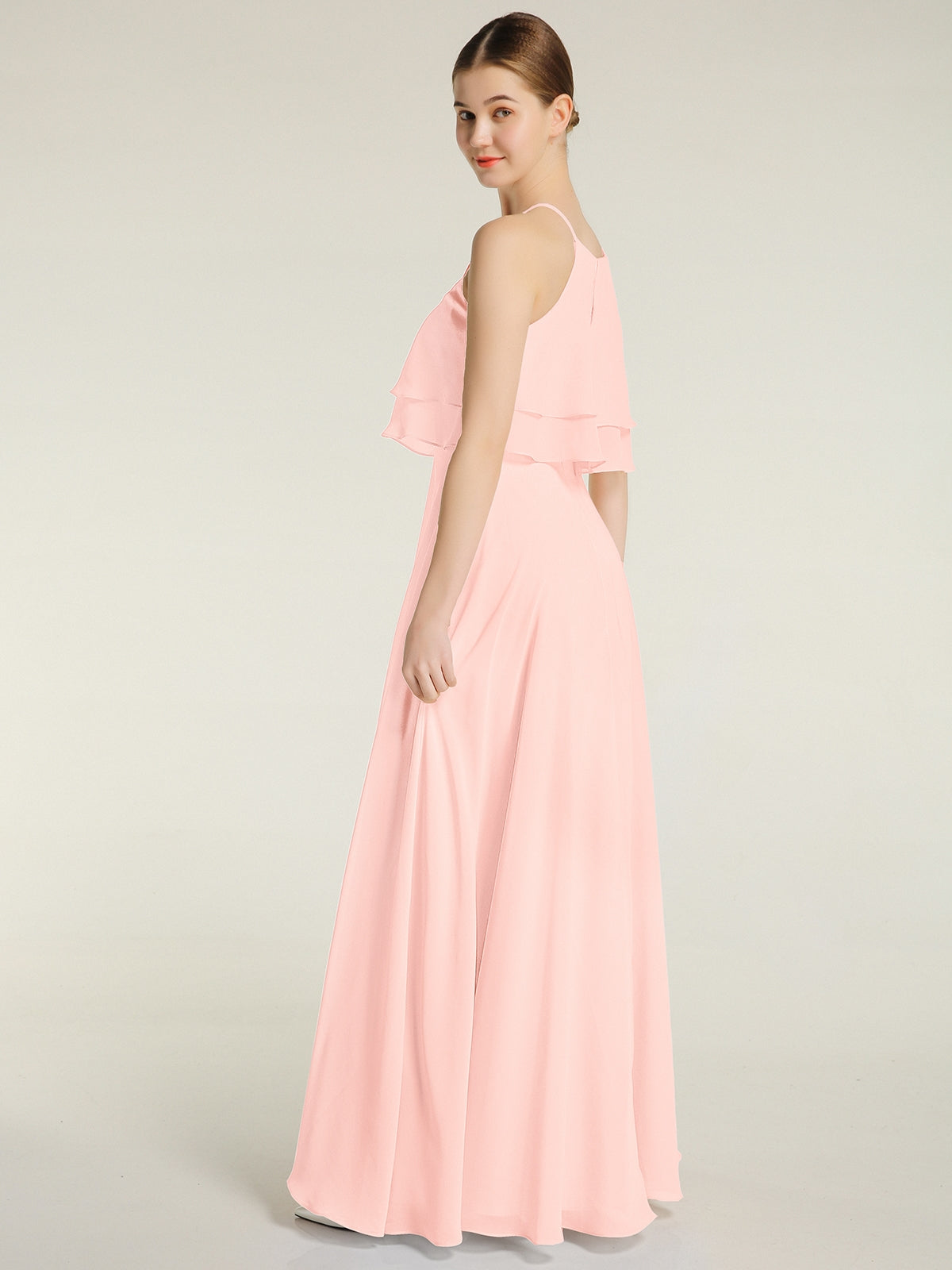 Two Layers Ruffles Bodice Chiffon Dresses Pearl Pink