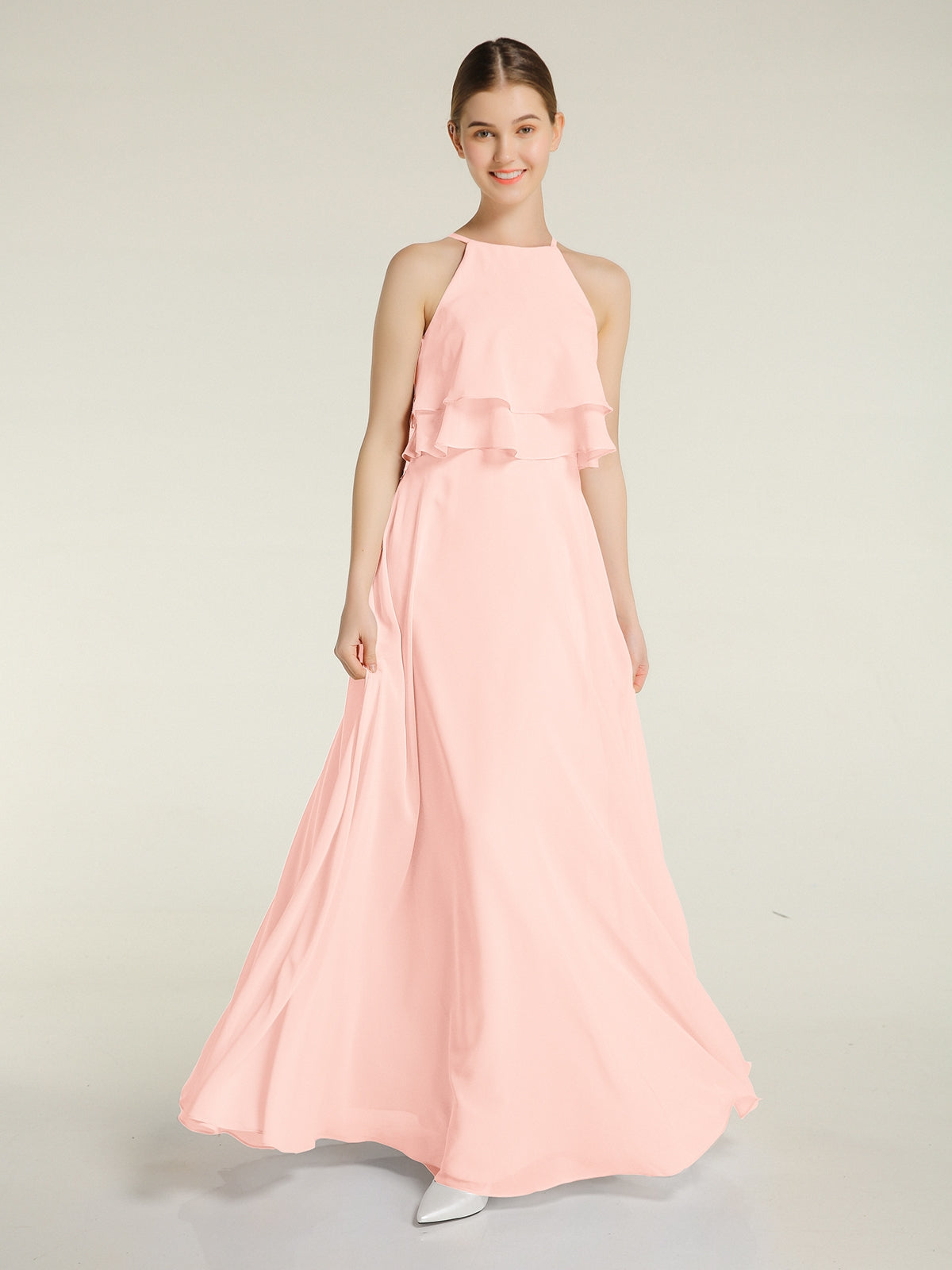 Two Layers Ruffles Bodice Chiffon Dresses Pearl Pink