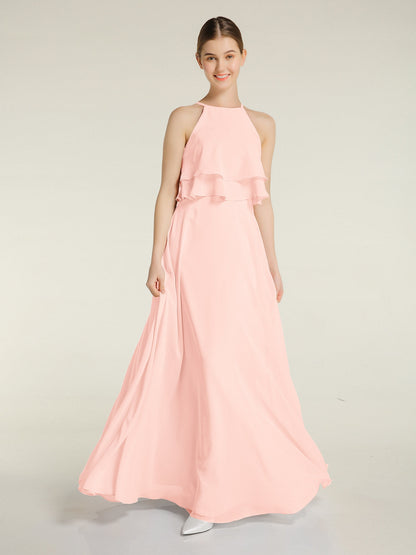 Two Layers Ruffles Bodice Chiffon Dresses Pearl Pink