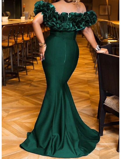 Aimishang Mermaid Evening Gown Emerald Green Dress Red Green Dress Engagement Sweep / Brush Train Short Sleeve Off Shoulder Stretch Satin with Sleek