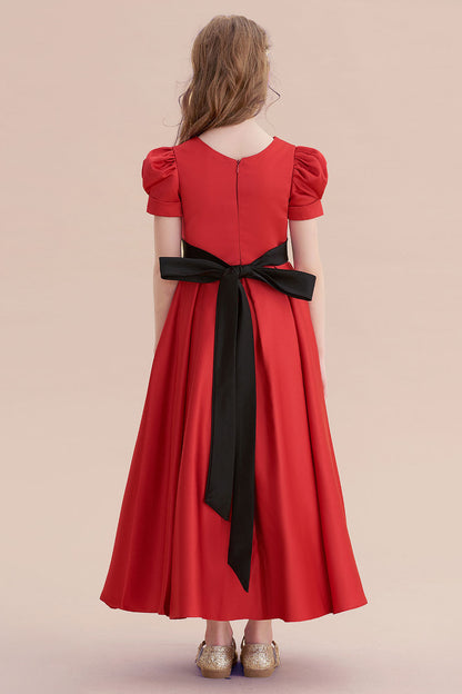 Awesome Short Sleeve A-line Satin Flower Girl Dress with Ribbons