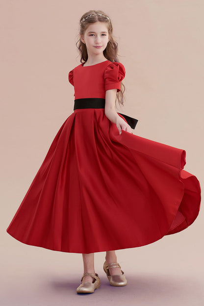 Awesome Short Sleeve A-line Satin Flower Girl Dress with Ribbons