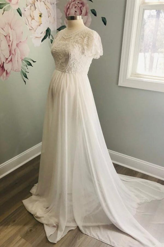 Awesome Short Sleeve Lace Chiffon Wedding Dress
