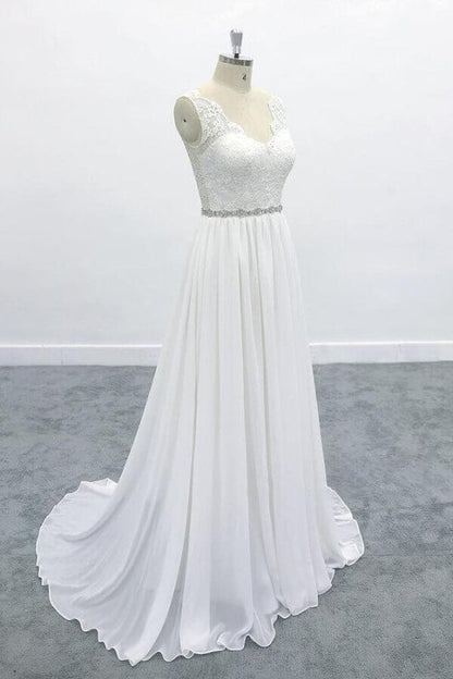 Awesome V-neck A-line Lace Chiffon Wedding Dress