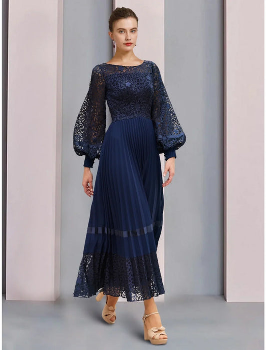 Aimishang  A-Line Mother of the Bride Dress Wedding Guest Elegant Scoop Neck Ankle Length Chiffon Lace Long Sleeve with Ruching Solid Colo