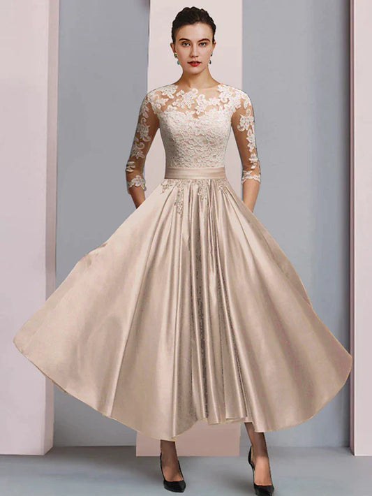 DingjiA-Line Mother of the Bride Dress Formal Wedding Guest Party Elegant Scoop Neck Ankle Length Satin Lace 3/4 Length Sleeve with Pleats Appliques