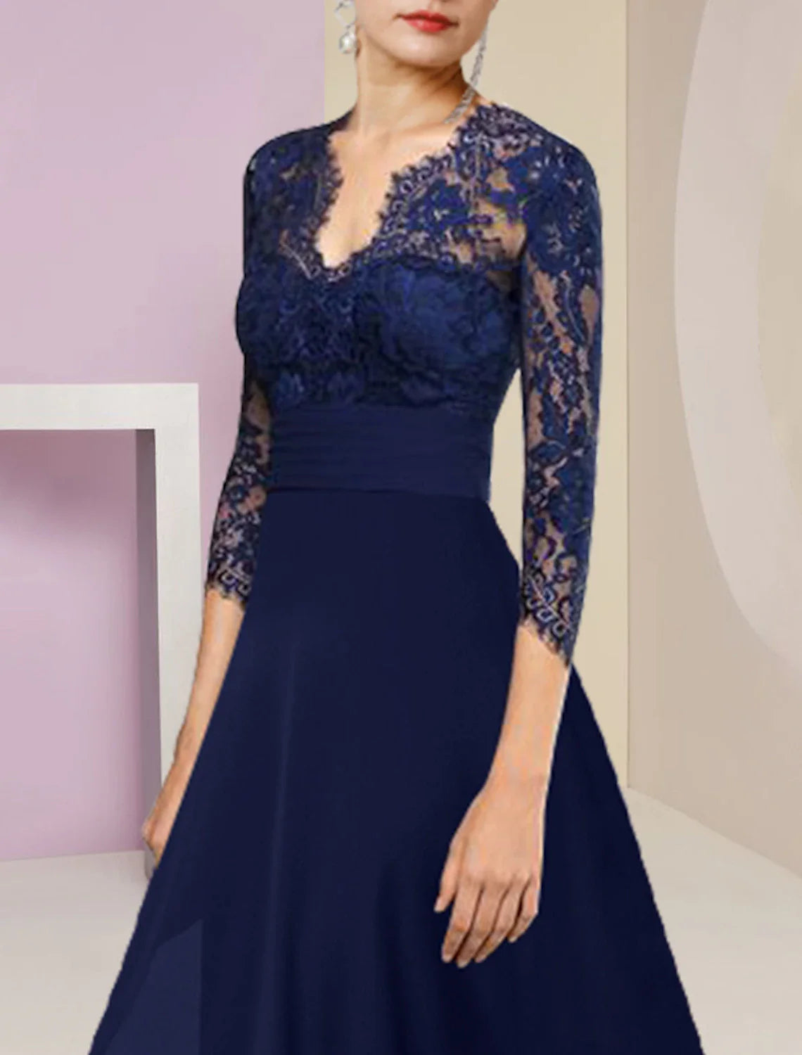 Aimishang A-Line Mother of the Bride Dress Formal Wedding Guest Elegant High Low V Neck Asymmetrical Tea Length Chiffon Lace 3/4 Length Sleeve with Ruched