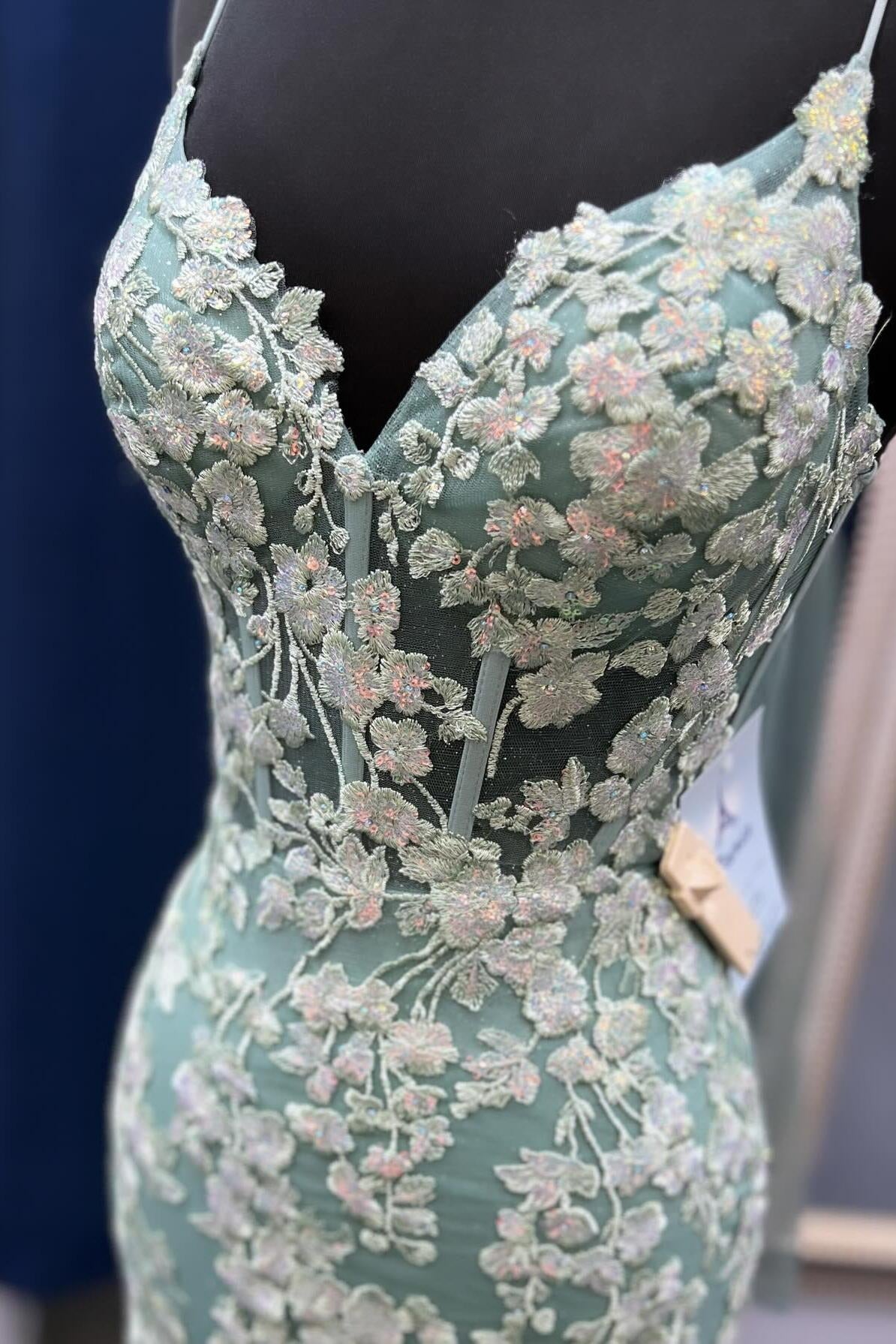 Mermaid V Neck Sage Green Tulle Lace Prom Dresses