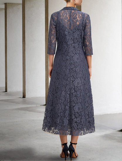Aimishang  A-Line Mother of the Bride Dress Elegant V Neck Tea Length Chiffon Lace Sleeveless Jacket Dresses with Tier Solid Color