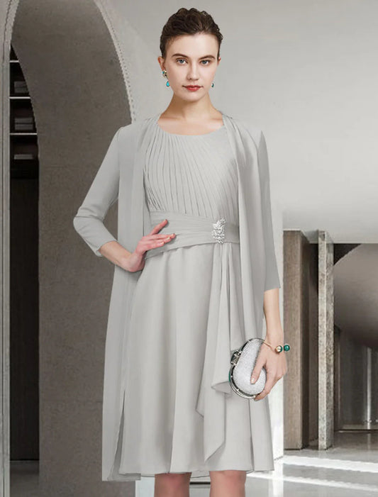 Aimishang  Two Piece A-Line Mother of the Bride Dress Church Elegant Jewel Neck Knee Length Chiffon Sleeveless with Pleats Ruched