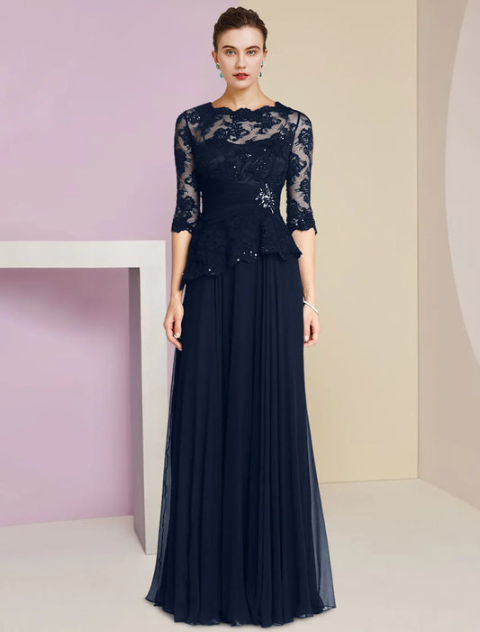 Aimishang A-Line Mother of the Bride Dress Formal Wedding Guest Elegant Scoop Neck Floor Length Chiffon Lace Half Sleeve with Pleats Appliques Crystal Brooch