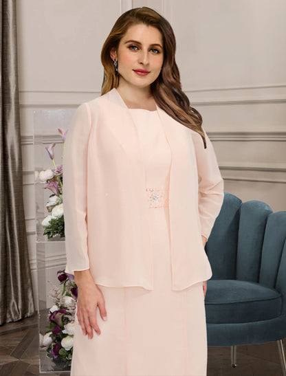 Aimishang  Two Piece A-Line Mother of the Bride Dresses Plus Size Hide Belly Curve Elegant Dress Formal Ankle Length Half Sleeve Jewel Neck Chiffon with Beading