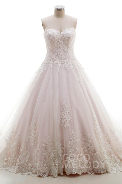 A-Line Sweep-Brush Train Tulle Lace Wedding Dress B14A0052