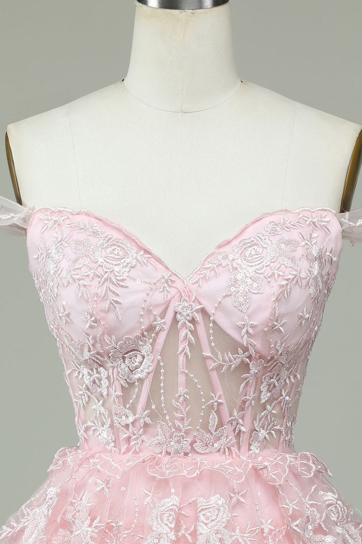 Vintage Pink Floral Embroidery Design A-line Off-the-shoulder Tiered Homecoming Dress HZ1024