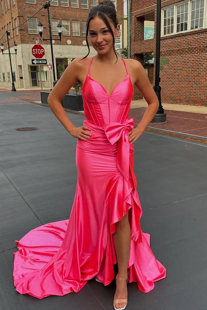 Pink Spaghetti Straps V-Neck Satin Bow Long Prom Dress with Slit