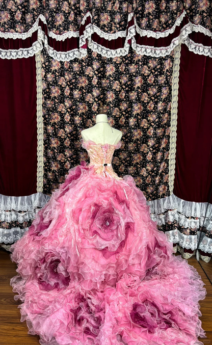 Pink 3D Flower Tulle Beaded Quinceanera Dress Evening Ball Gown HZ1024