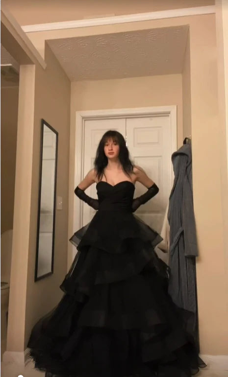 Black Aesthetic Ruffle Prom Dress Ball Gown Glam Dresses
