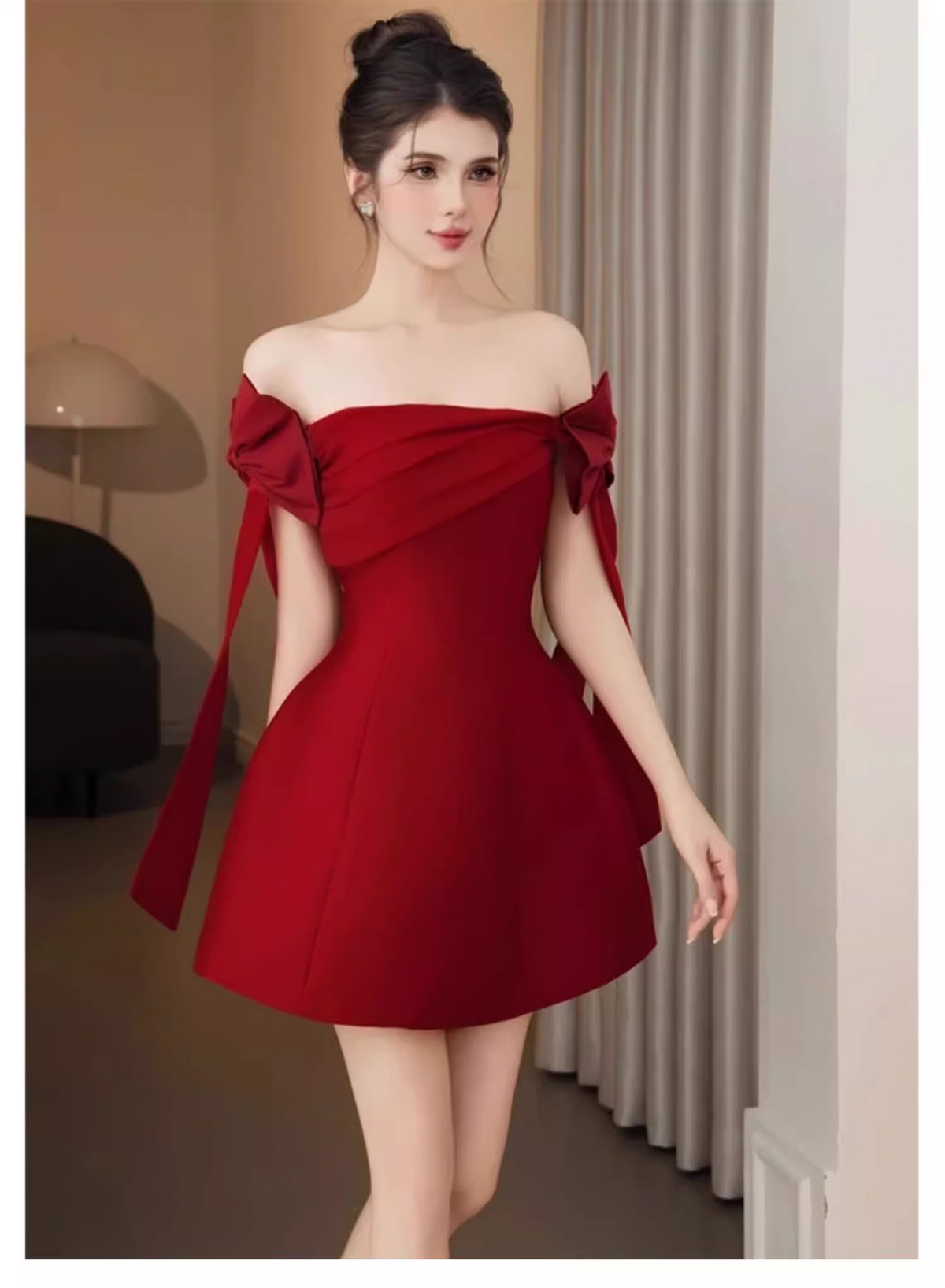 New Fashion Red Off-the-shoulder Bow Design A-line Party Dress Homecoming Dress HZ1024