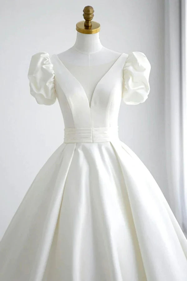 A Line V Neck White Wedding Dress with Short Sleeves