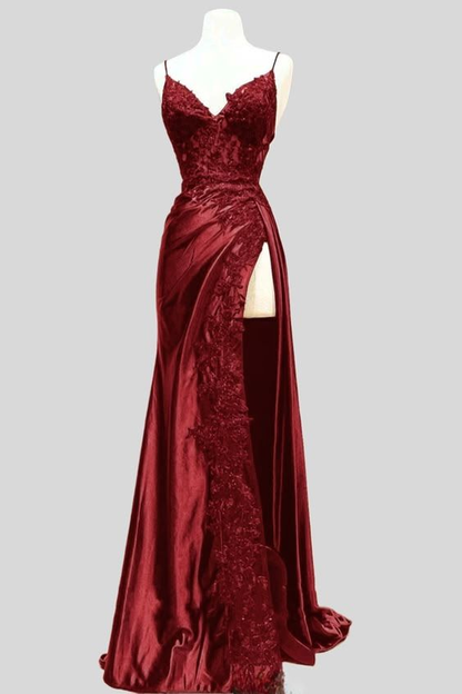 Elegant Burgundy Satin Appliques Evening Dress Slit Prom Party Dress cc1795
