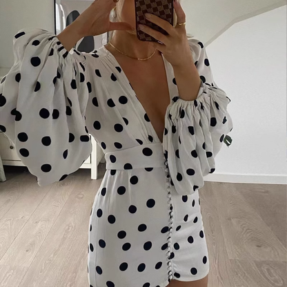New Fashion V-neck Spot Design A-line Long-sleeved Women Party Dress HZ1024