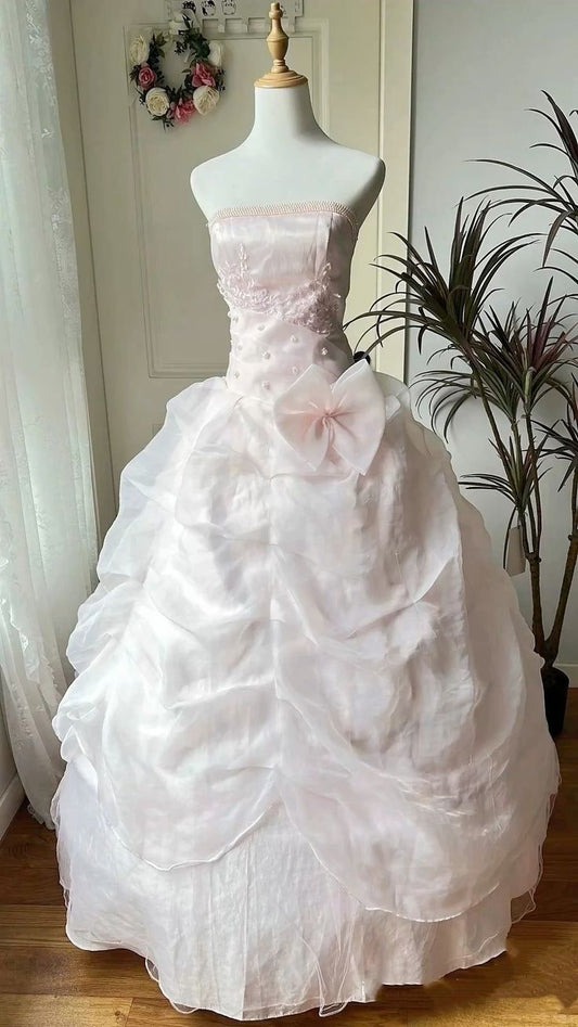 Vintage Pink Tulle - Strapless Beaded Ball Gown, 3D Bow Girl's Dress gh7070
