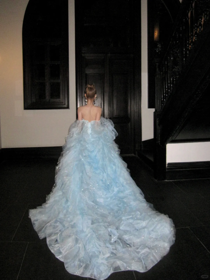 Gorgeous Shiny Light Blue Strapless Design A-Line Tulle Wedding Dress Prom Dress Evening Dress HZ1024