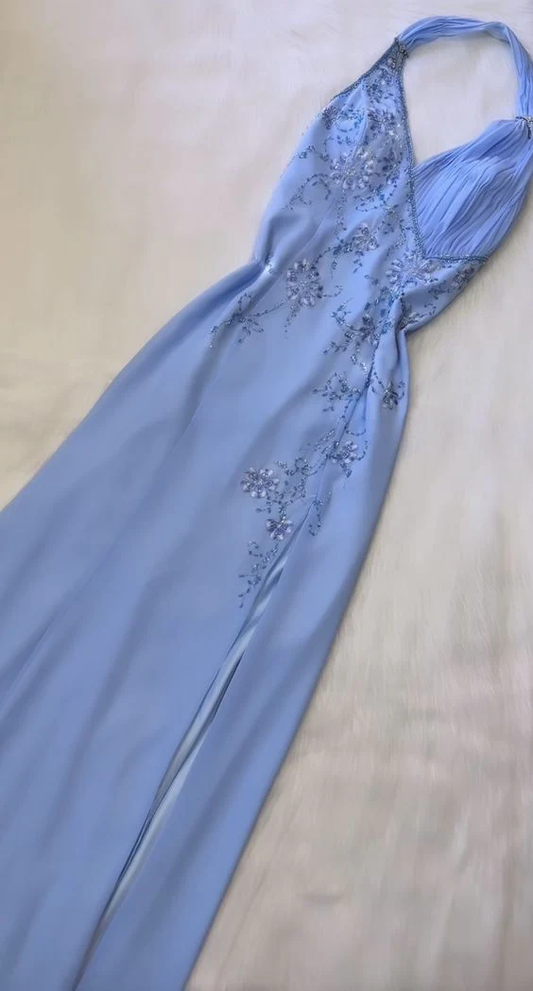 Fashion Halter Beaded Prom Dress Blue Formal Evening Gown Party Dress cc1487
