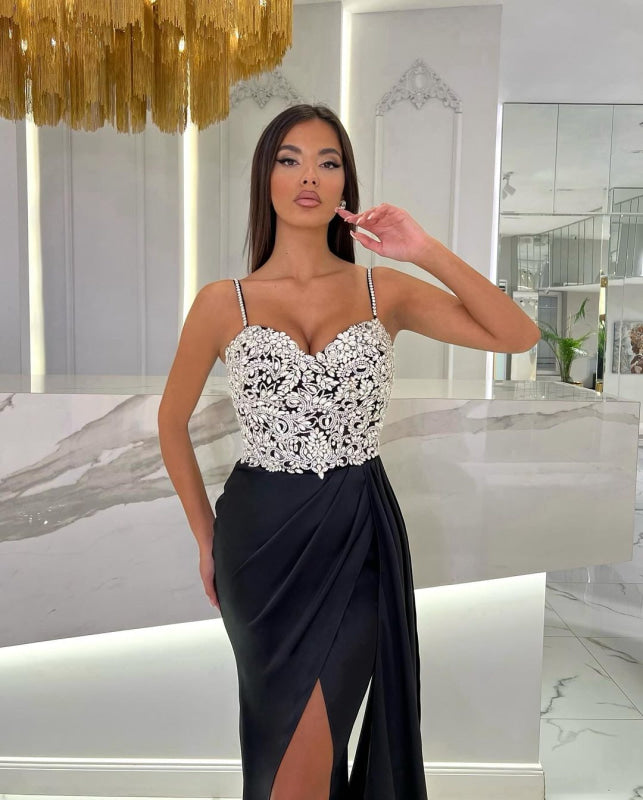 Baby Blue Prom Dress with High Slit Spaghetti Straps Sweetheart Neckline and Appliques