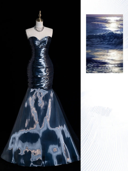 Deep Sea Blue Wave-Print Strapless Mermaid Maxi Evening Gown gh6746