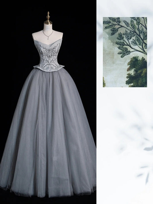 Light Grey Vintage Embroidery Strapless Ball Gown Evening Dress gh6747