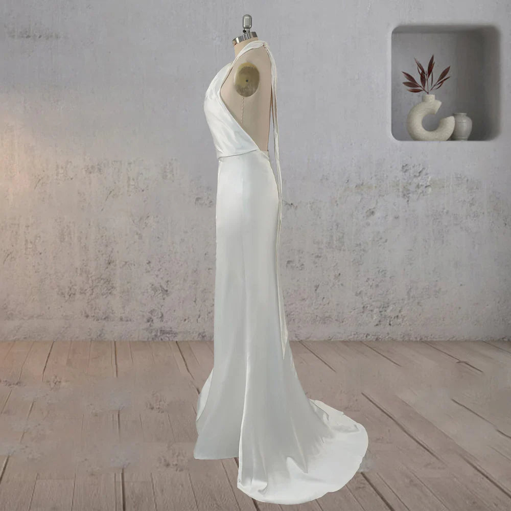 Sheath Satin Backless Halter Wedding Dress