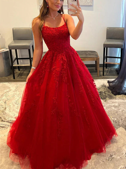 Backless Red Tulle Lace Long Prom Dresses Sleeveless Aline Formal Evening Dresses