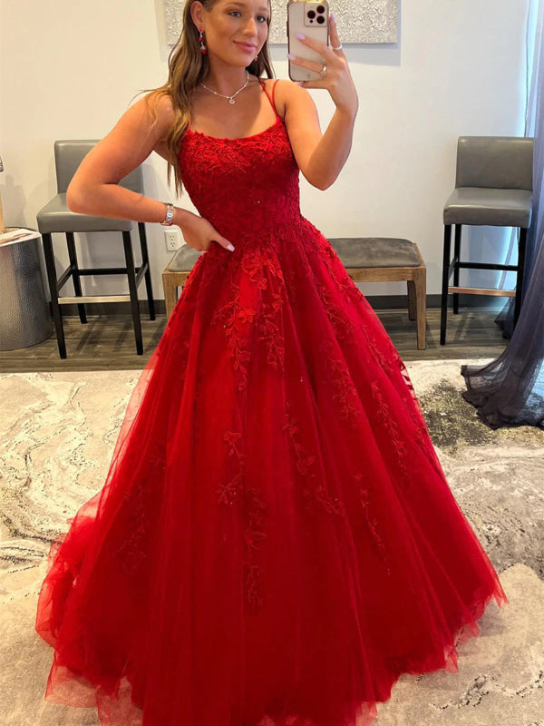 Backless Red Tulle Lace Long Prom Dresses Sleeveless Aline Formal Evening Dresses