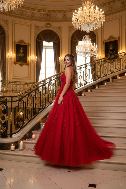 Backless Red Tulle Lace Long Prom Dresses Sleeveless Aline Formal Evening Dresses