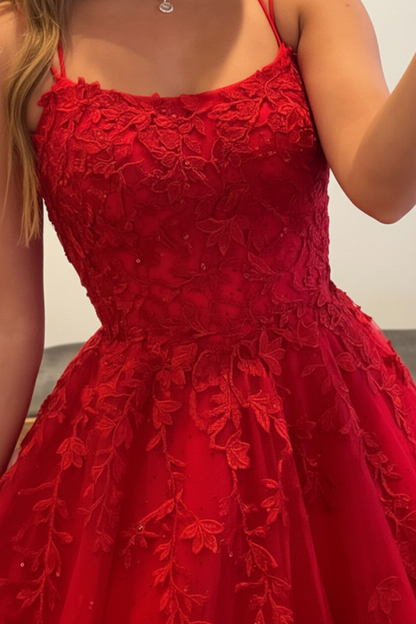 Backless Red Tulle Lace Long Prom Dresses Sleeveless Aline Formal Evening Dresses