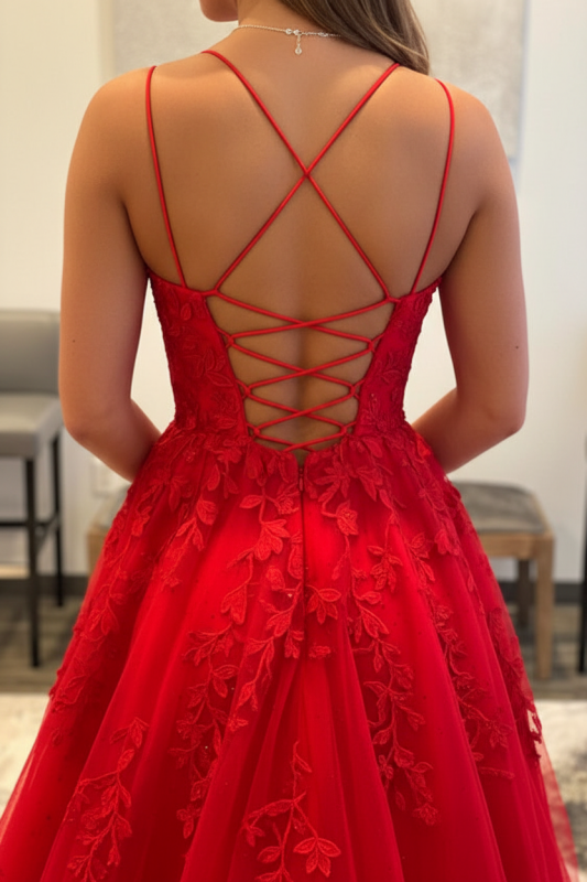 Backless Red Tulle Lace Long Prom Dresses Sleeveless Aline Formal Evening Dresses