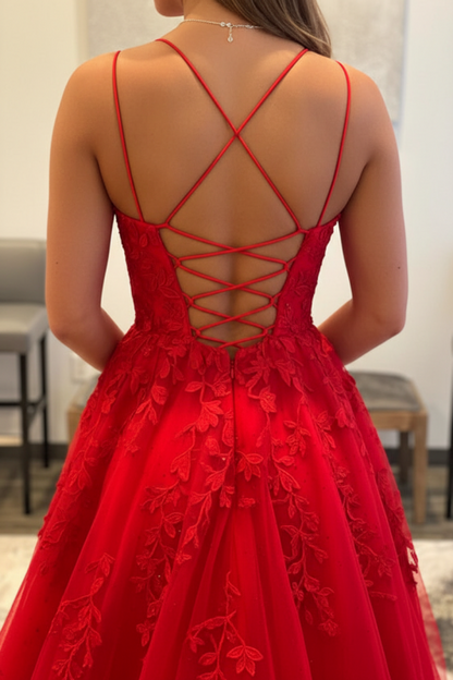 Backless Red Tulle Lace Long Prom Dresses Sleeveless Aline Formal Evening Dresses